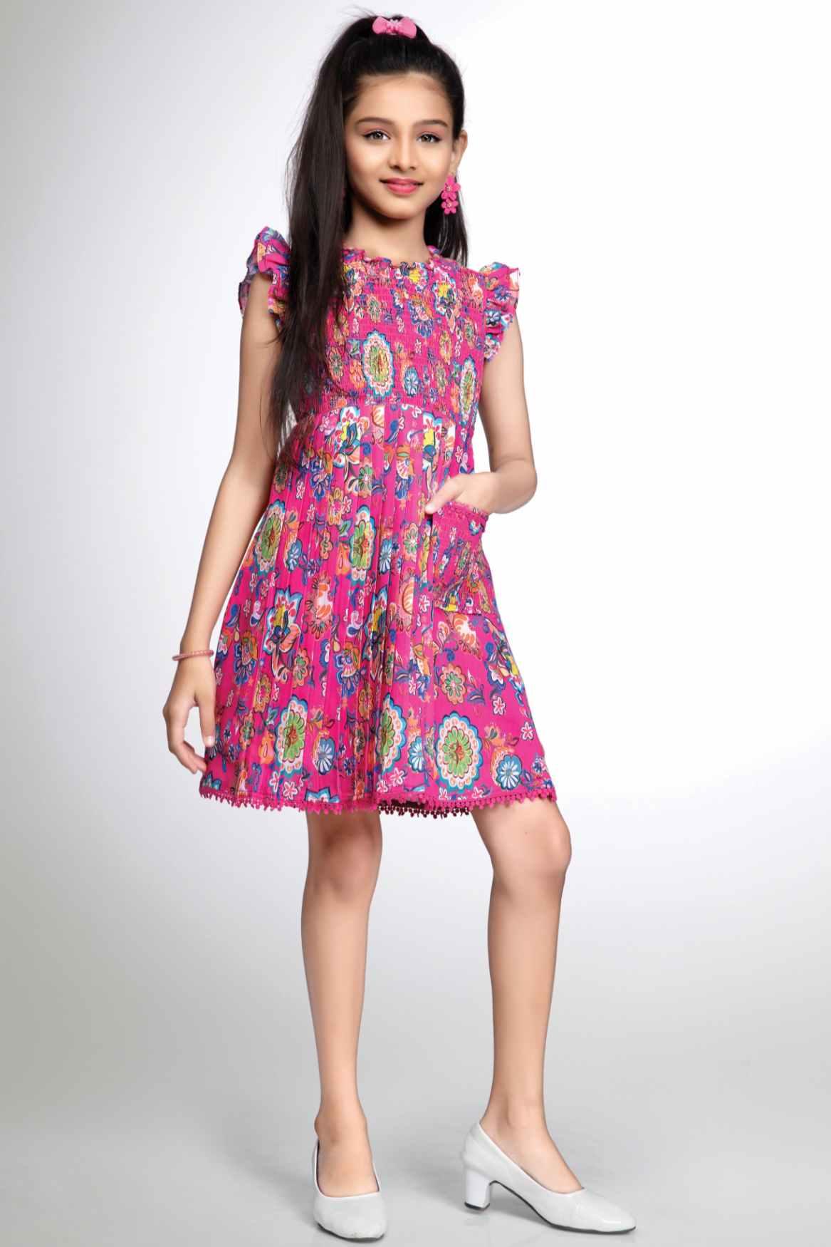 Pink Floral Cotton Frock With Pleats Pattern And Pockets For Girls - Lagorii Kids