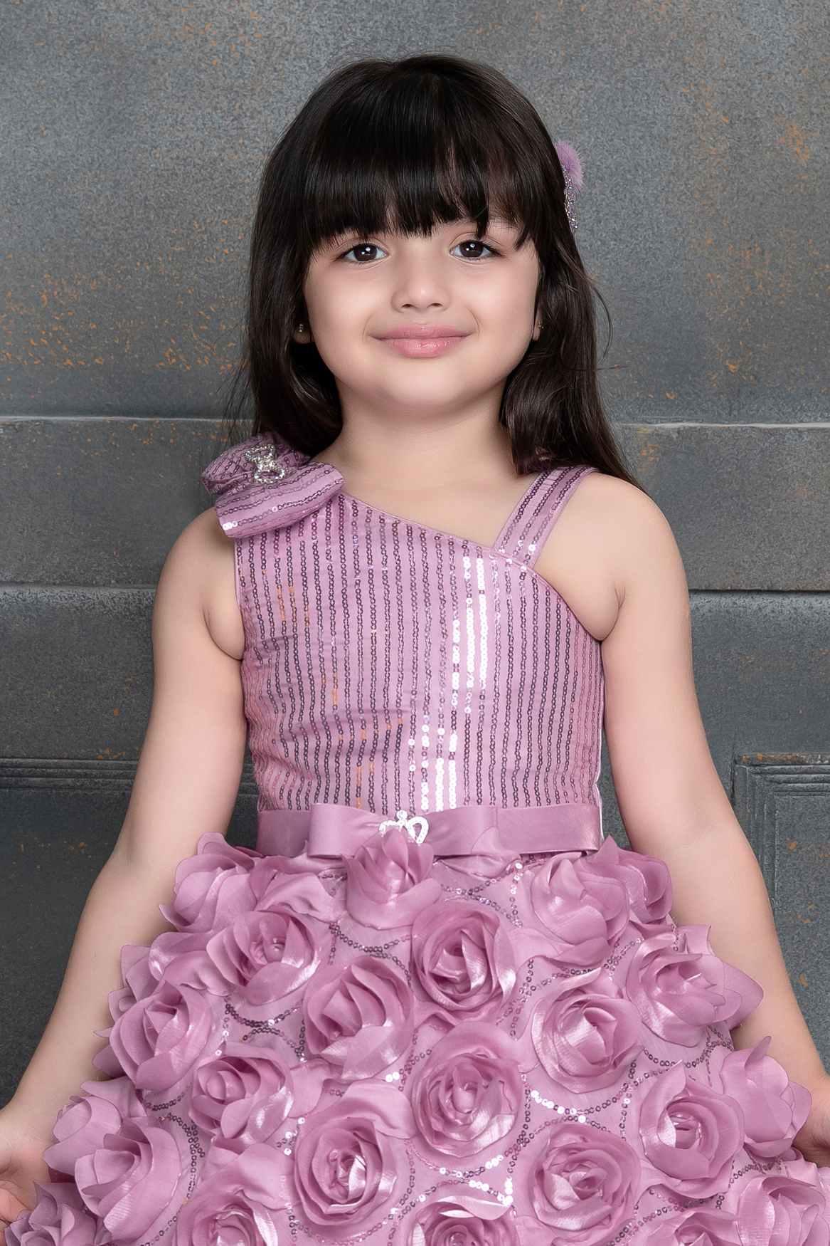 Pink Sequin Designer Party Gown With Flower Embellishments For Girls - Lagorii Kids