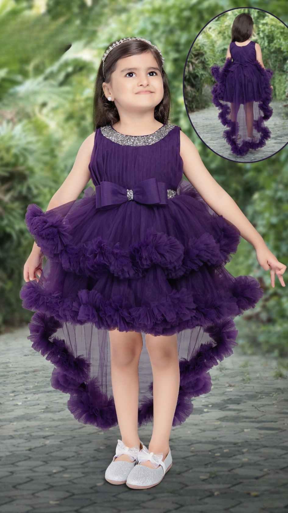 Purple Dress Kids Net Gown Purple Net Tailback Frock With Bow