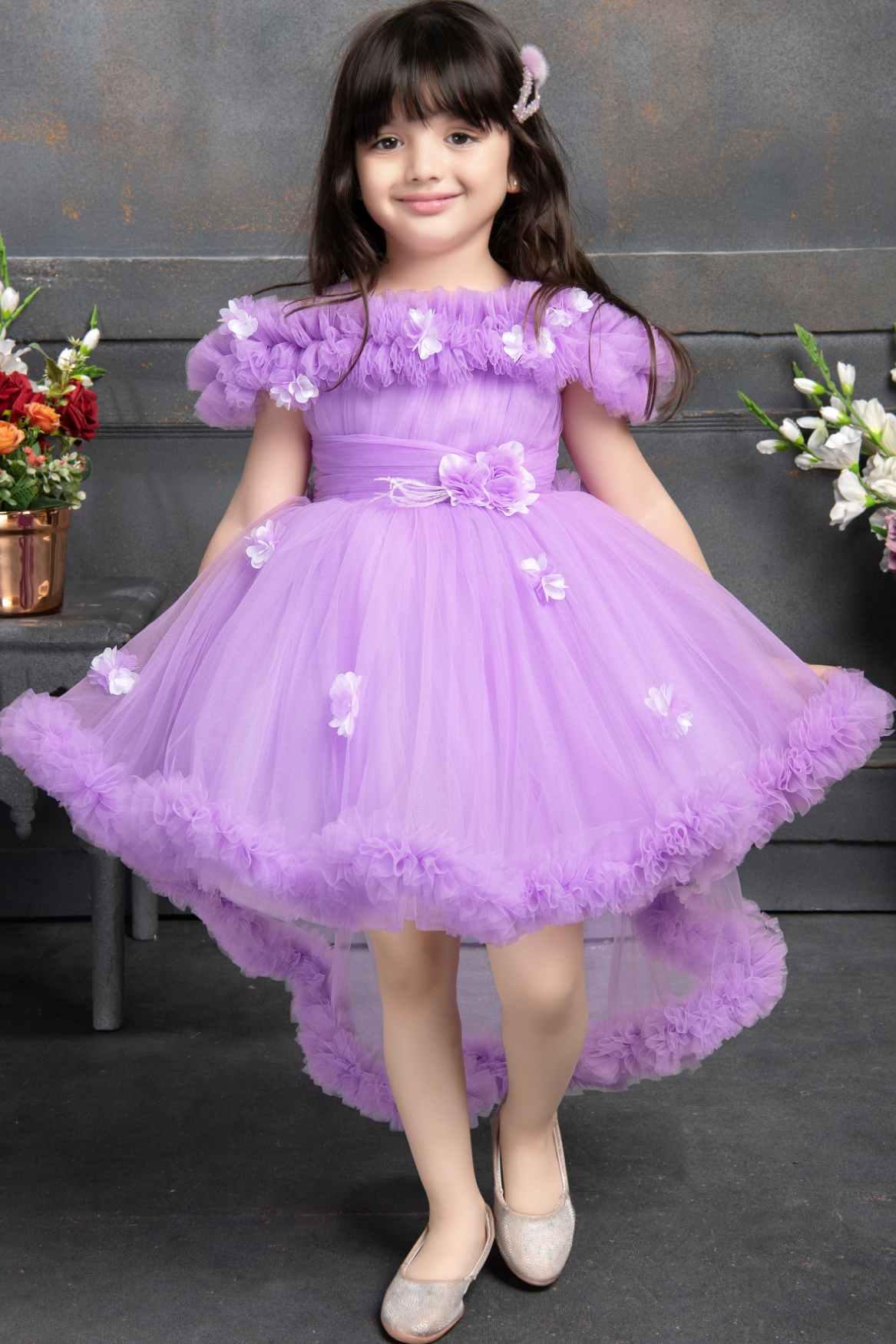 Purple Ruffled Net Tailback Frock With Floral And Butterfly Embellishment For Girls - Lagorii Kids