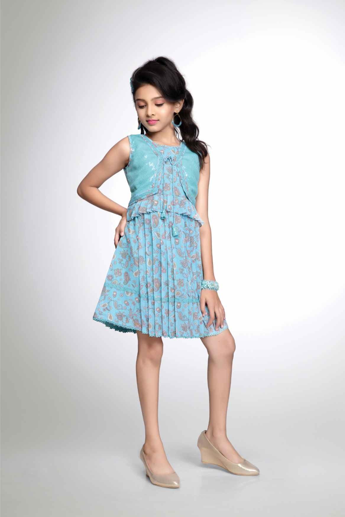 Stylish Blue Floral Cotton Frock With Sequin Work For Girls - Lagorii Kids