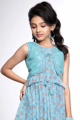 Stylish Blue Floral Cotton Frock With Sequin Work For Girls - Lagorii Kids