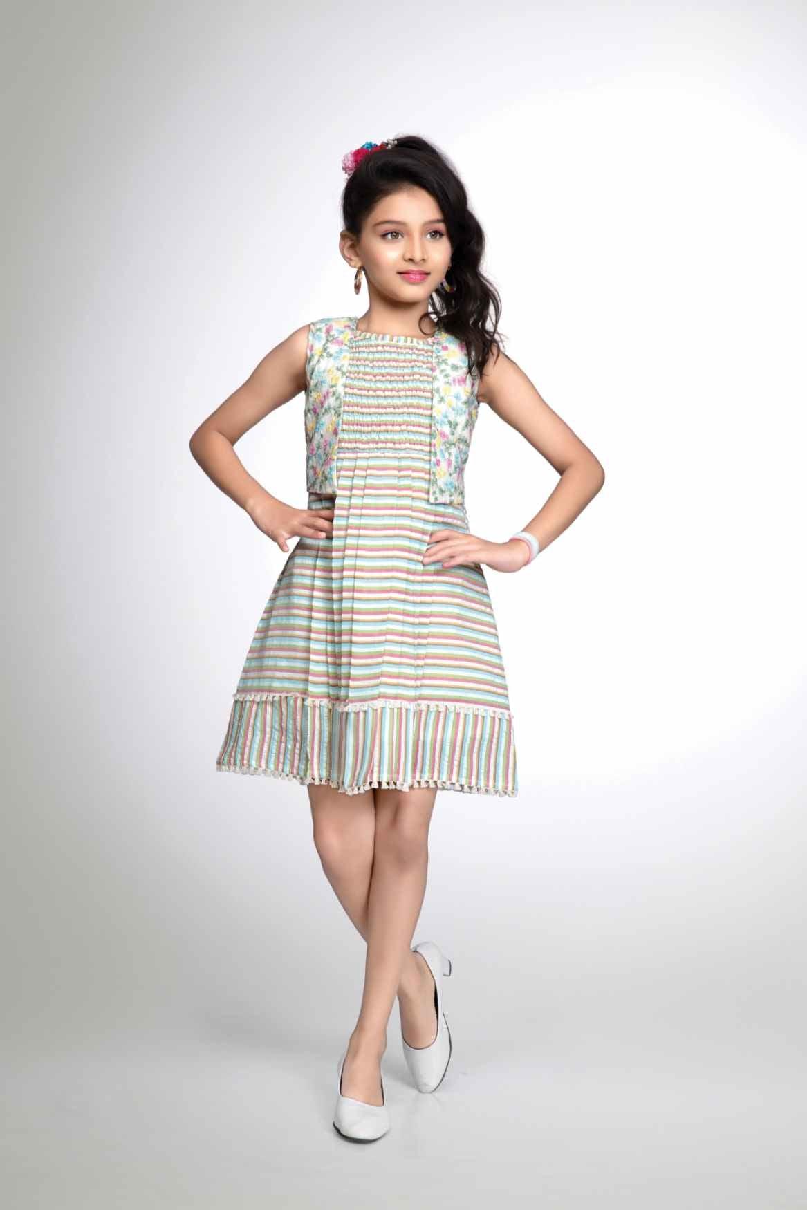 Stylish Cream Vertical Stripes Printed Cotton Frock For Girls - Lagorii Kids