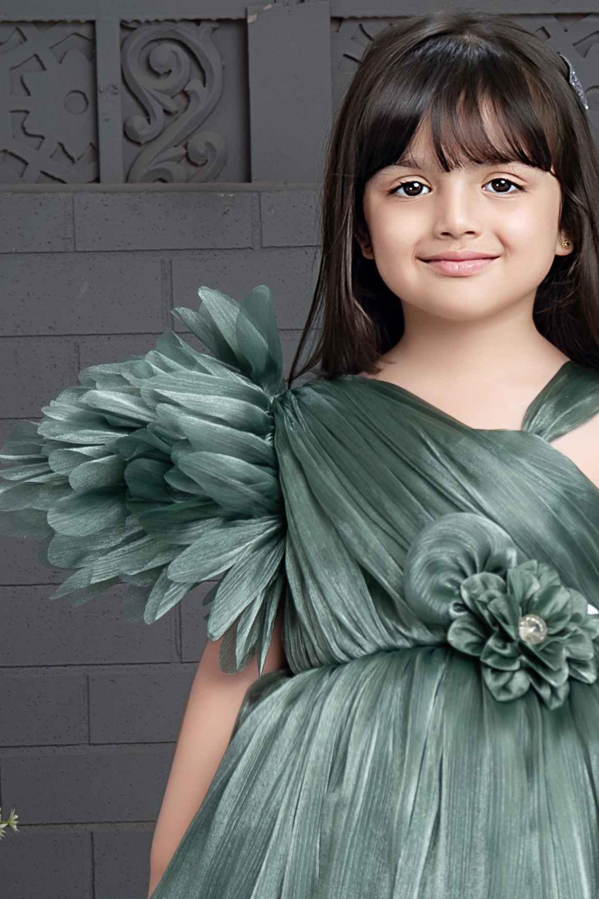 Stylish Green Frock With Asymmetric Sleeves And Floral Embellishments For Girls - Lagorii Kids