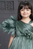 Stylish Green Frock With Asymmetric Sleeves And Floral Embellishments For Girls - Lagorii Kids