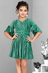 Stylish Green Partywear Dress With Ruffled Sleeves For Girls - Lagorii Kids