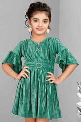 Stylish Green Partywear Dress With Ruffled Sleeves For Girls - Lagorii Kids
