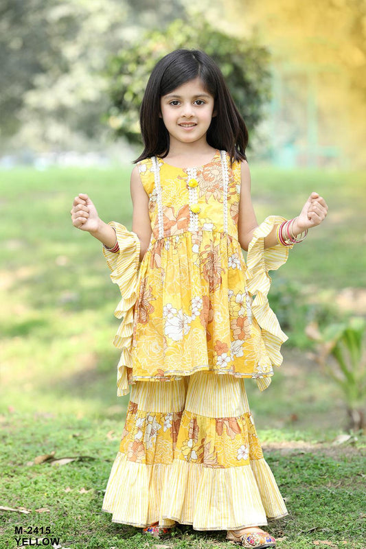 Sunshine Blooms: Yellow Floral Printed Palazzo Set for 1-6 Year Girls. - Lagorii Kids