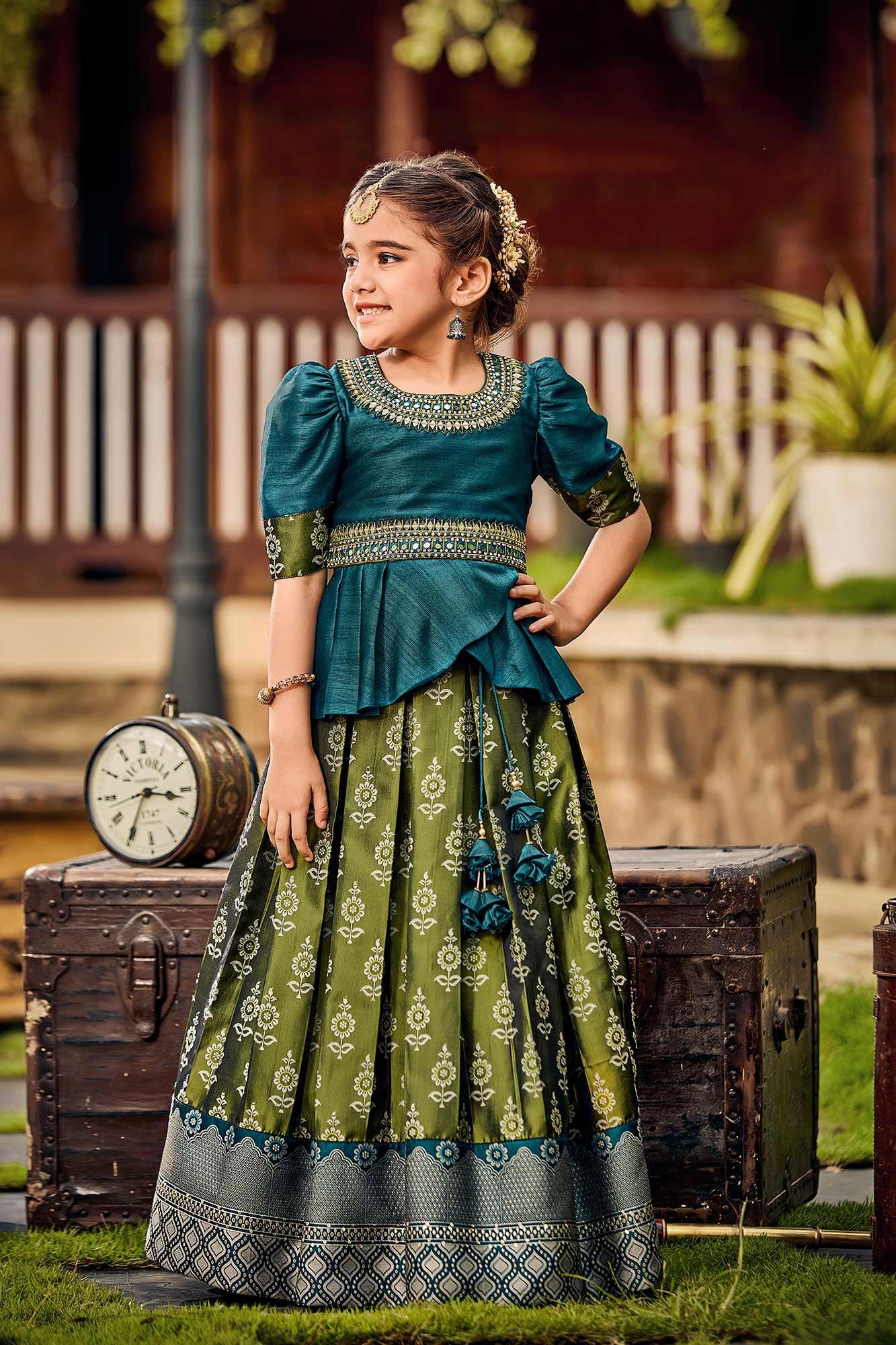 Teal Dream and Olive Serenity: Silk Choli & Lehenga for Girl. - Lagorii Kids