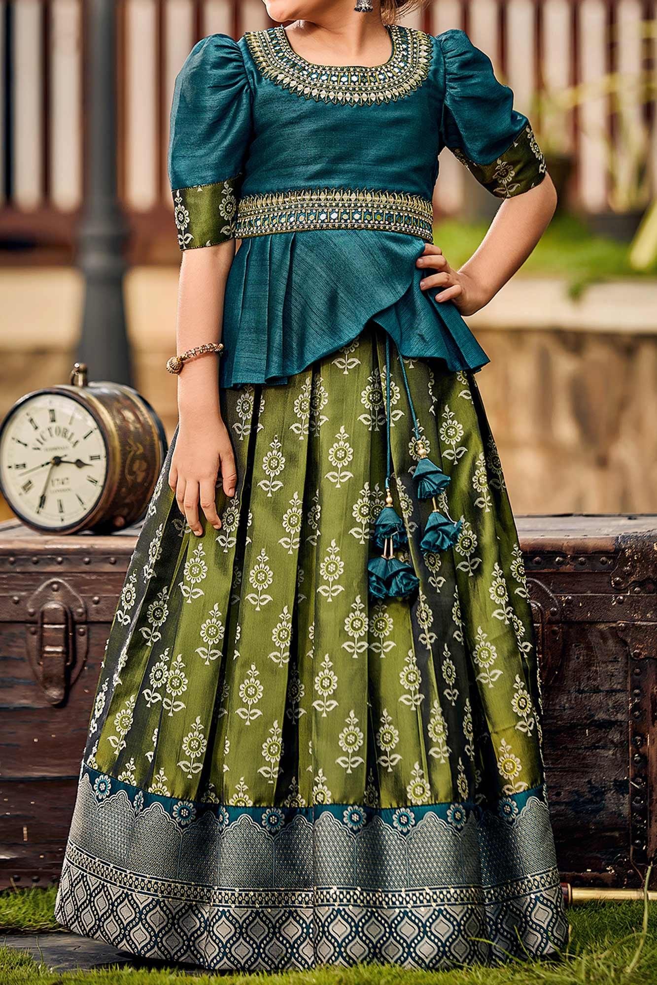 Teal Dream and Olive Serenity: Silk Choli & Lehenga for Girl. - Lagorii Kids