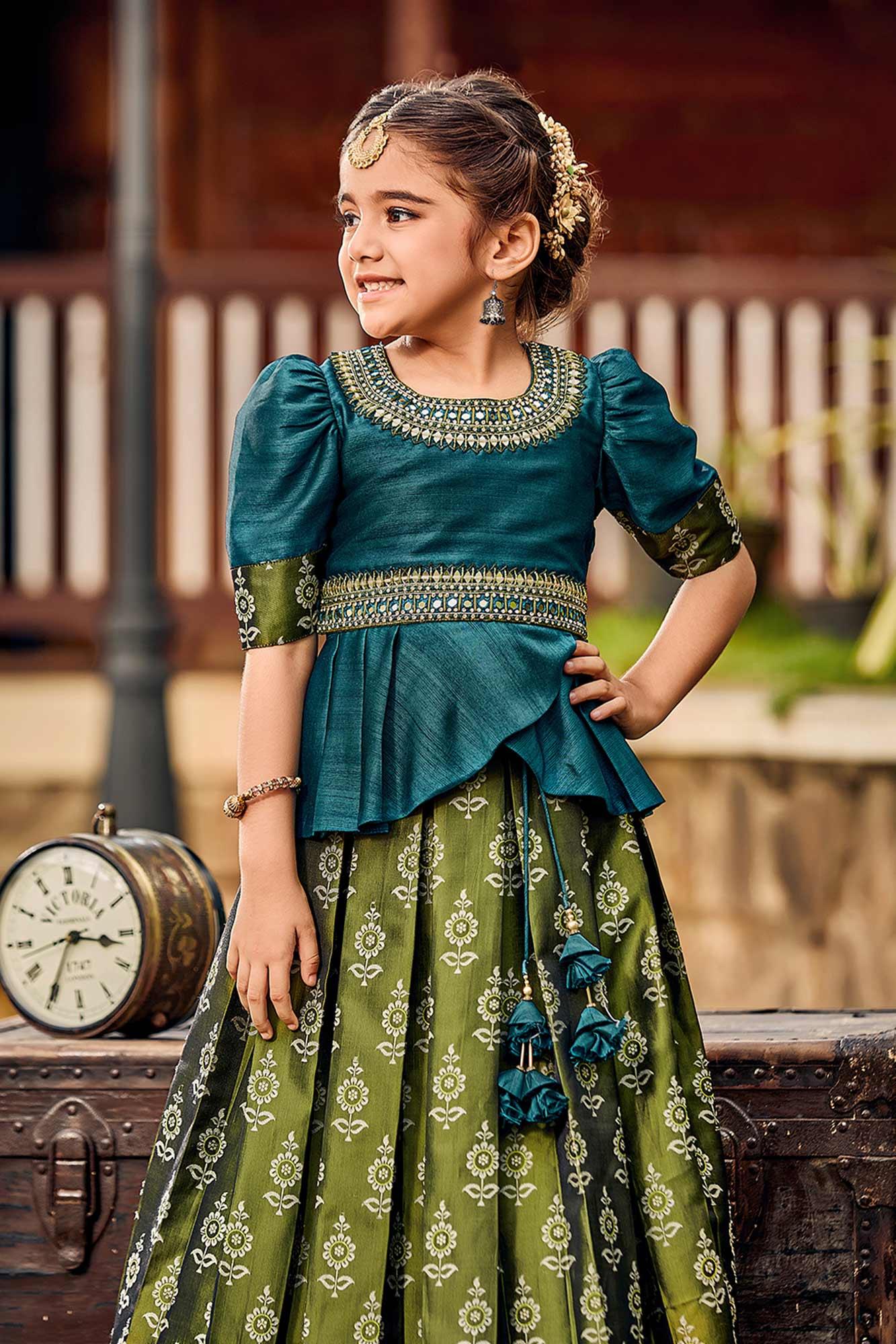 Teal Dream and Olive Serenity: Silk Choli & Lehenga for Girl. - Lagorii Kids