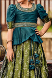 Teal Dream and Olive Serenity: Silk Choli & Lehenga for Girl. - Lagorii Kids