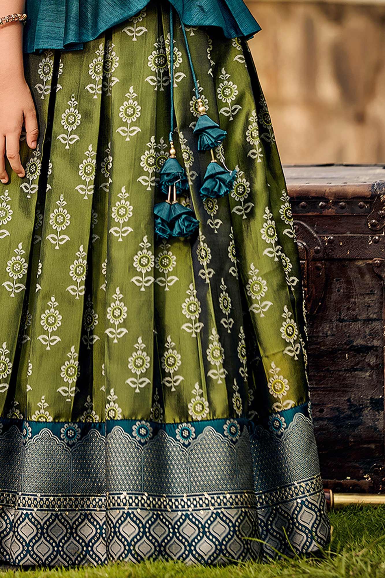 Teal Dream and Olive Serenity: Silk Choli & Lehenga for Girl. - Lagorii Kids