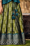 Teal Dream and Olive Serenity: Silk Choli & Lehenga for Girl. - Lagorii Kids