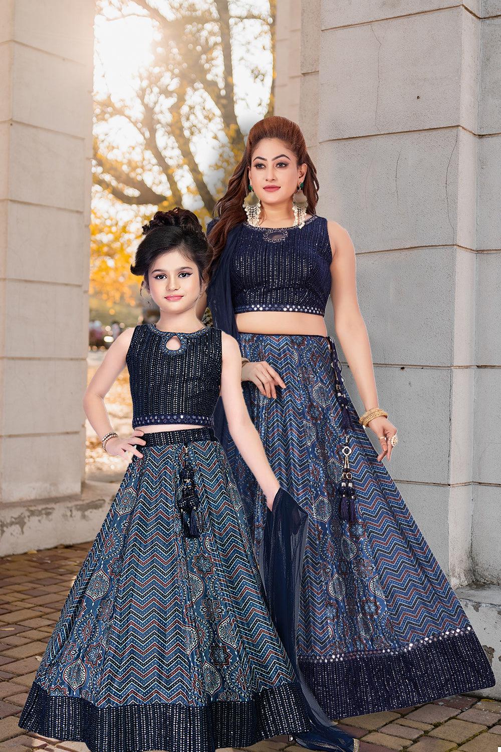 Traditional Mom Mother Daughter Same Ethnic Dress Online Shopping Twinning Mother And Daughter Deep Blue Lehenga Choli With Bead