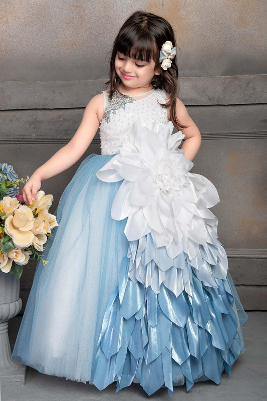 Whimsical White and Blue Party Wear Ballroom Gown - Lagorii Kids