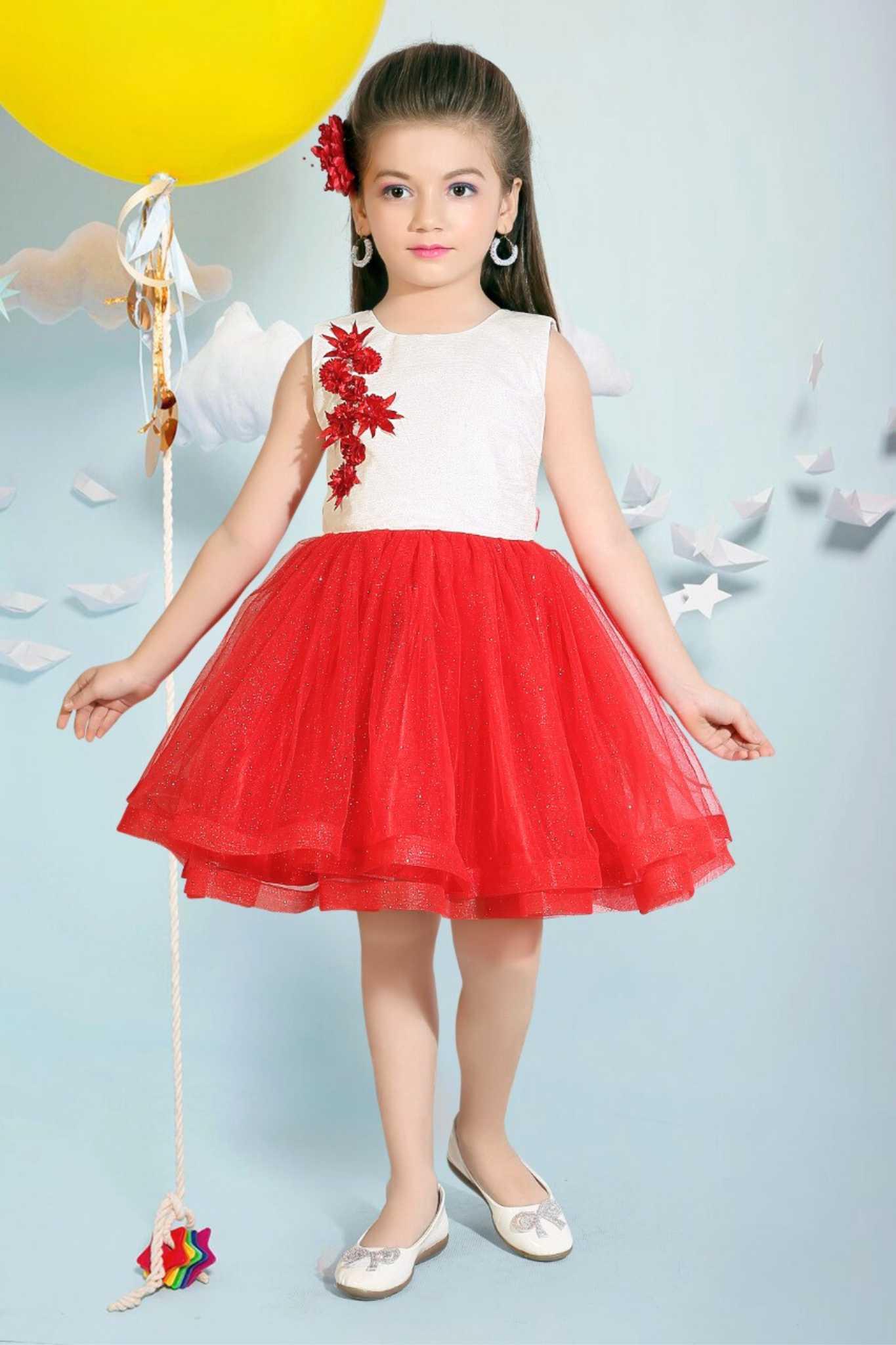 White And Red Floral Net Frock With Floral Embellishments For