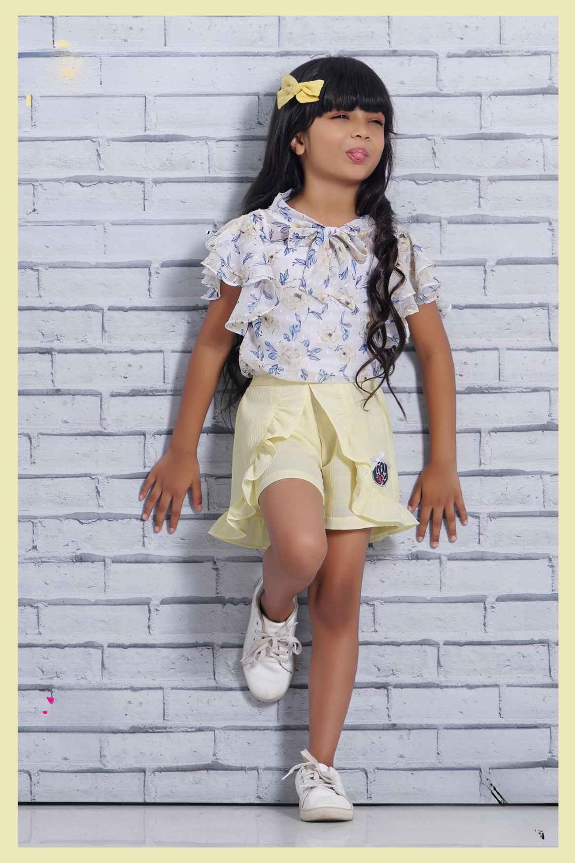 White Chiffon Floral Printed Top With Yellow Shorts Set For Girls - Lagorii Kids