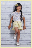 White Chiffon Floral Printed Top With Yellow Shorts Set For Girls - Lagorii Kids