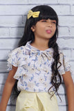 White Chiffon Floral Printed Top With Yellow Shorts Set For Girls - Lagorii Kids