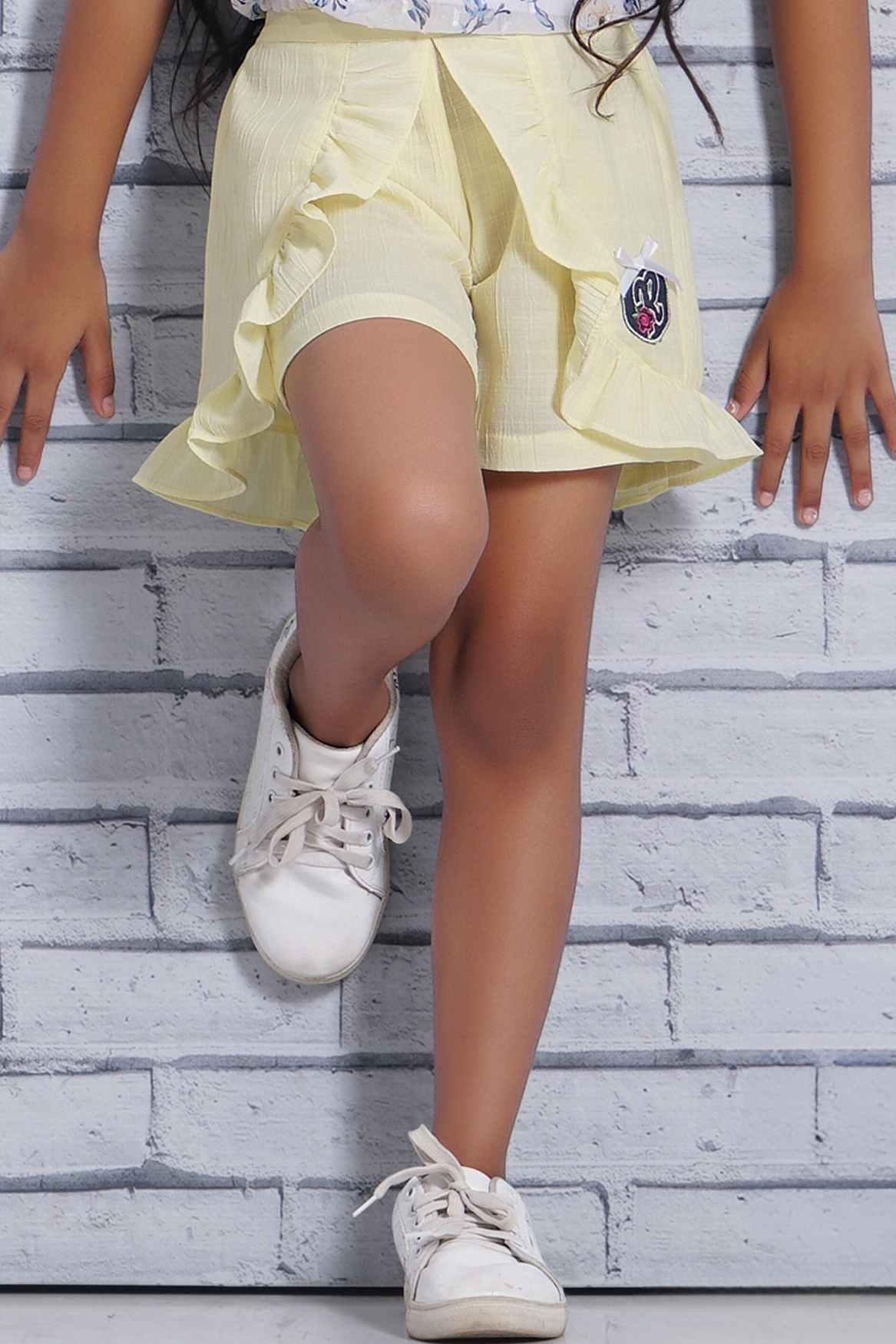 White Chiffon Floral Printed Top With Yellow Shorts Set For Girls - Lagorii Kids