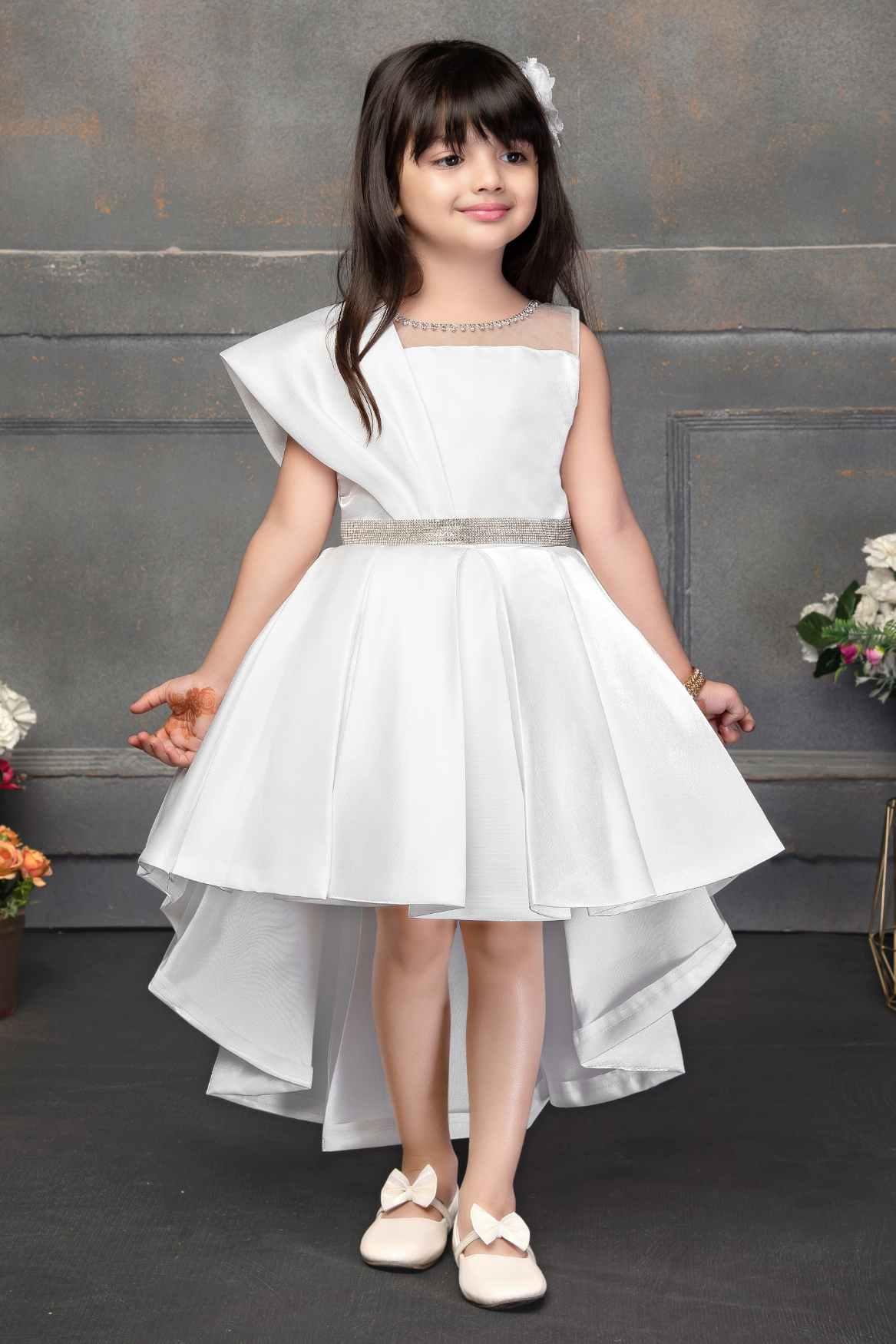 White High Low Satin Partywear Frock With Stone Work For Girls