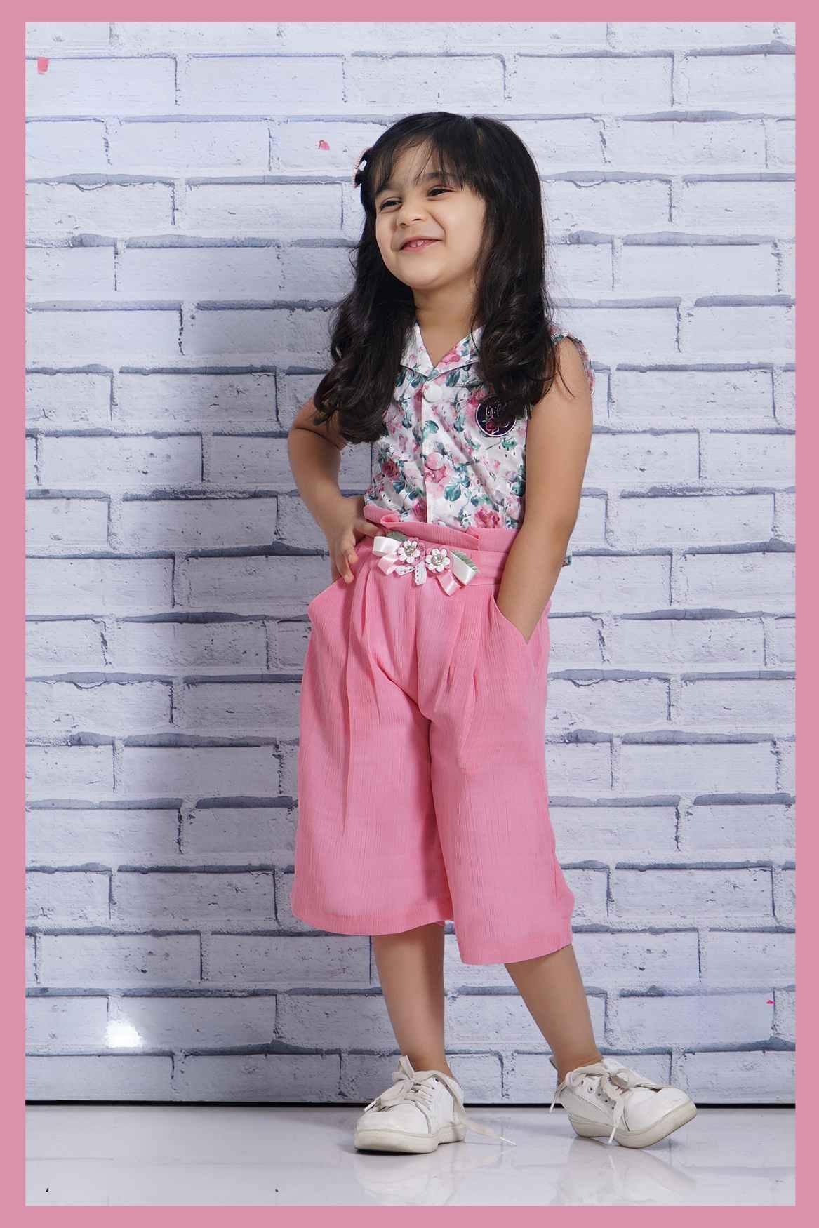 White Top With Floral Print And Pink Palazzo Set For Girls - Lagorii Kids