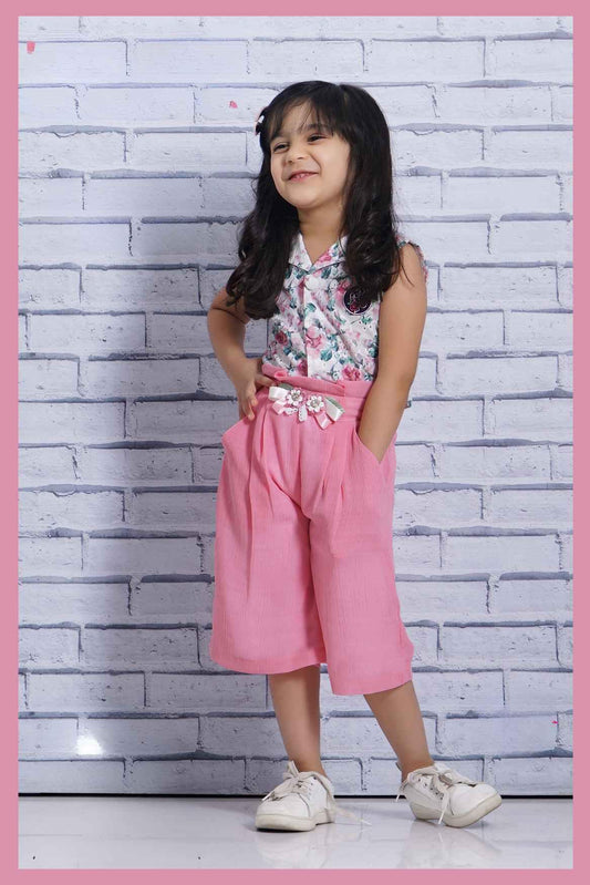 White Top With Floral Print And Pink Palazzo Set For Girls - Lagorii Kids