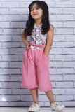 White Top With Floral Print And Pink Palazzo Set For Girls - Lagorii Kids