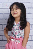 White Top With Floral Print And Pink Palazzo Set For Girls - Lagorii Kids