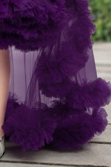 Deep violet layered frilled frock with silver bow. - Lagorii Kids