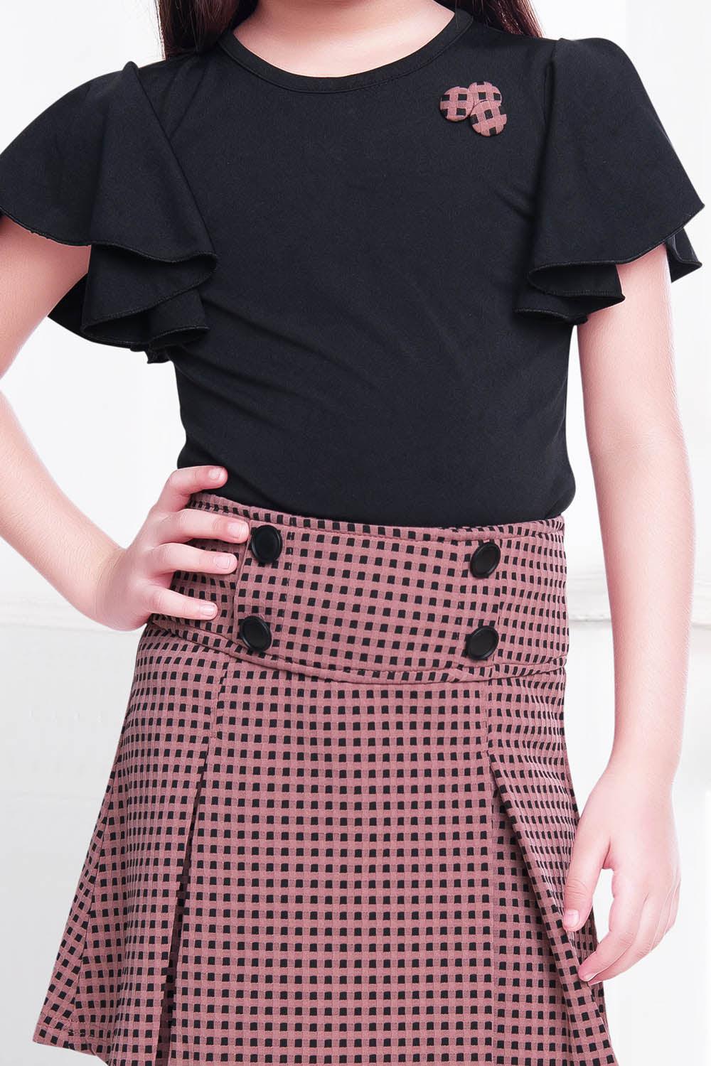 Red pleated skirt & Black flared top set - Lagorii Kids