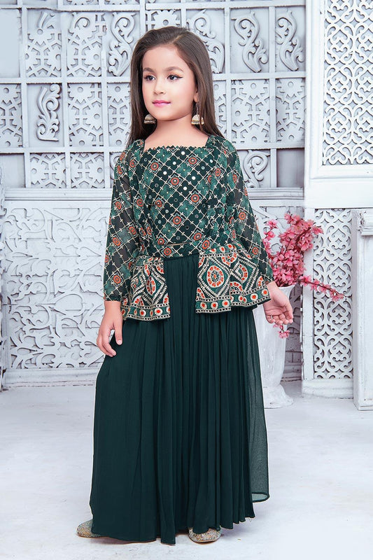 Premium forest green palazzo set with shrug and belt | rich embroidery
