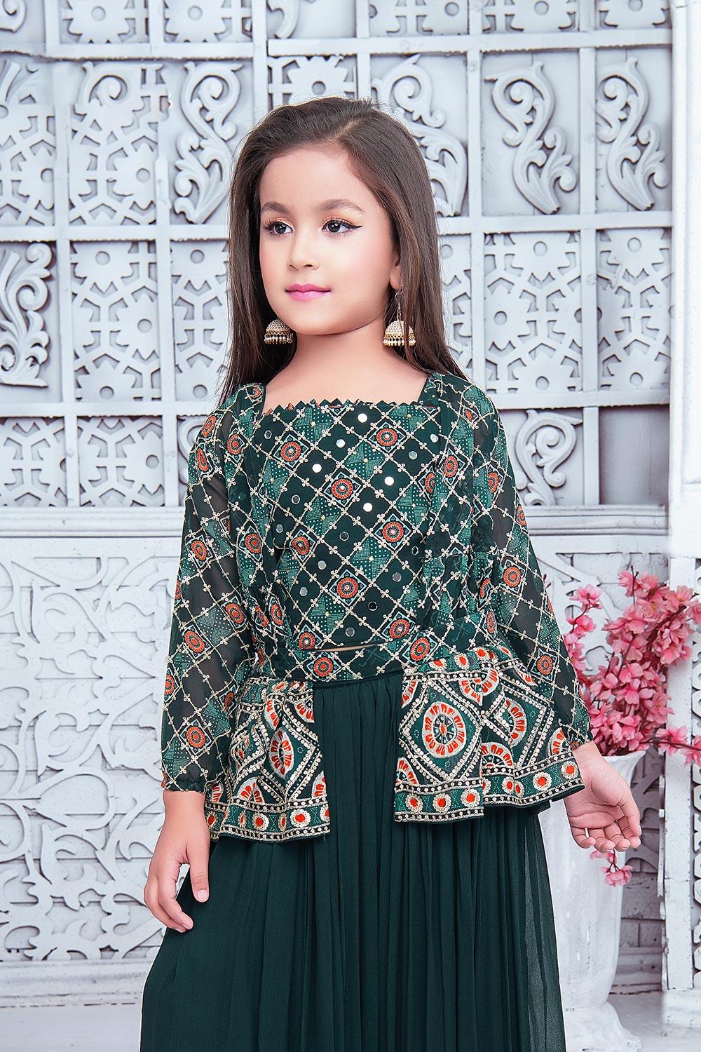 Premium forest green palazzo set with shrug and belt | rich embroidery