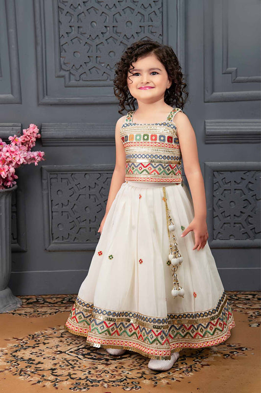 White Embroidered And Sequin Work Lehenga Choli For Girls