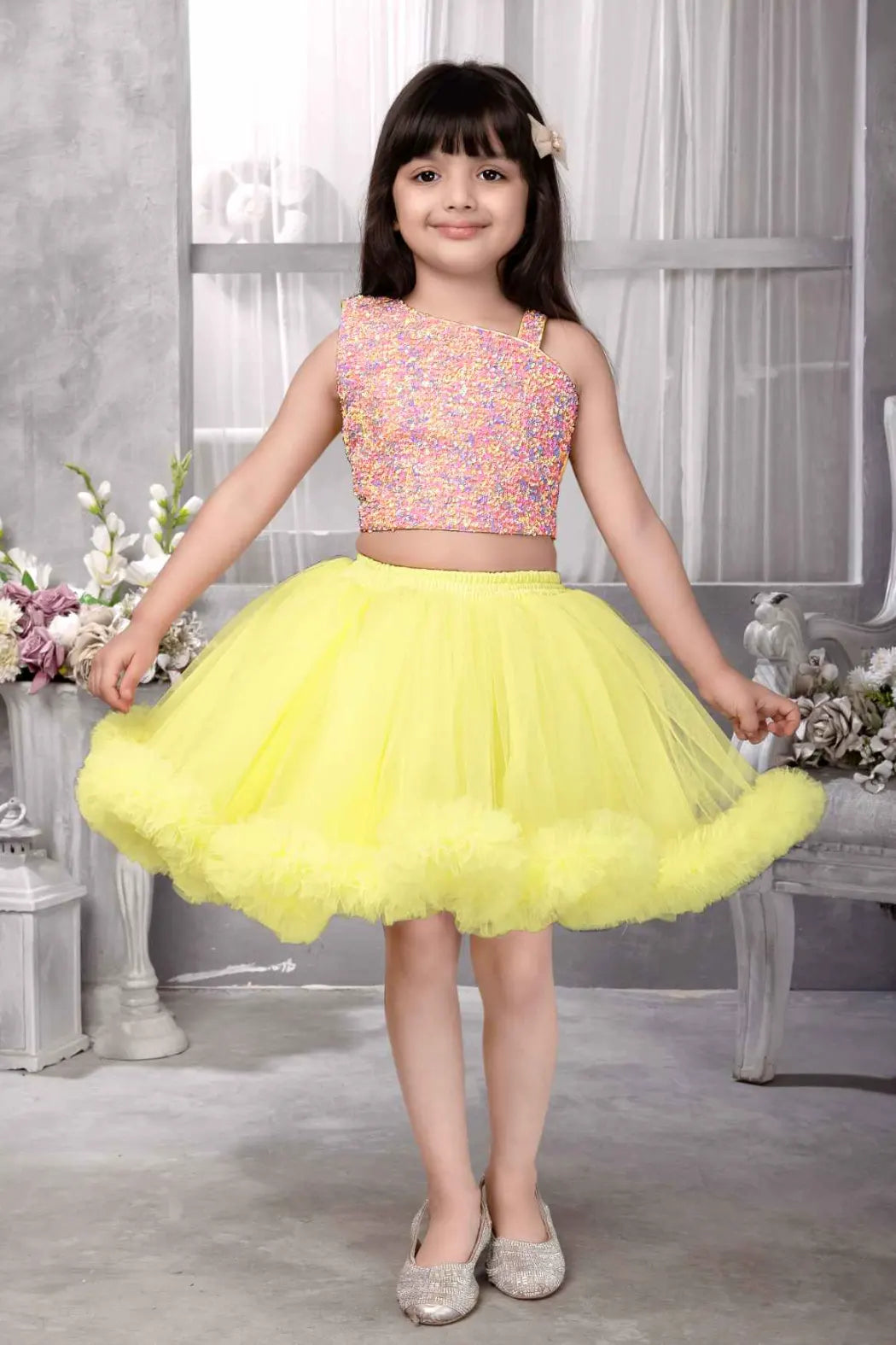 Lemon Yellow Frill Skirt with Multicolor Sequin One-Shoulder Top For Girls