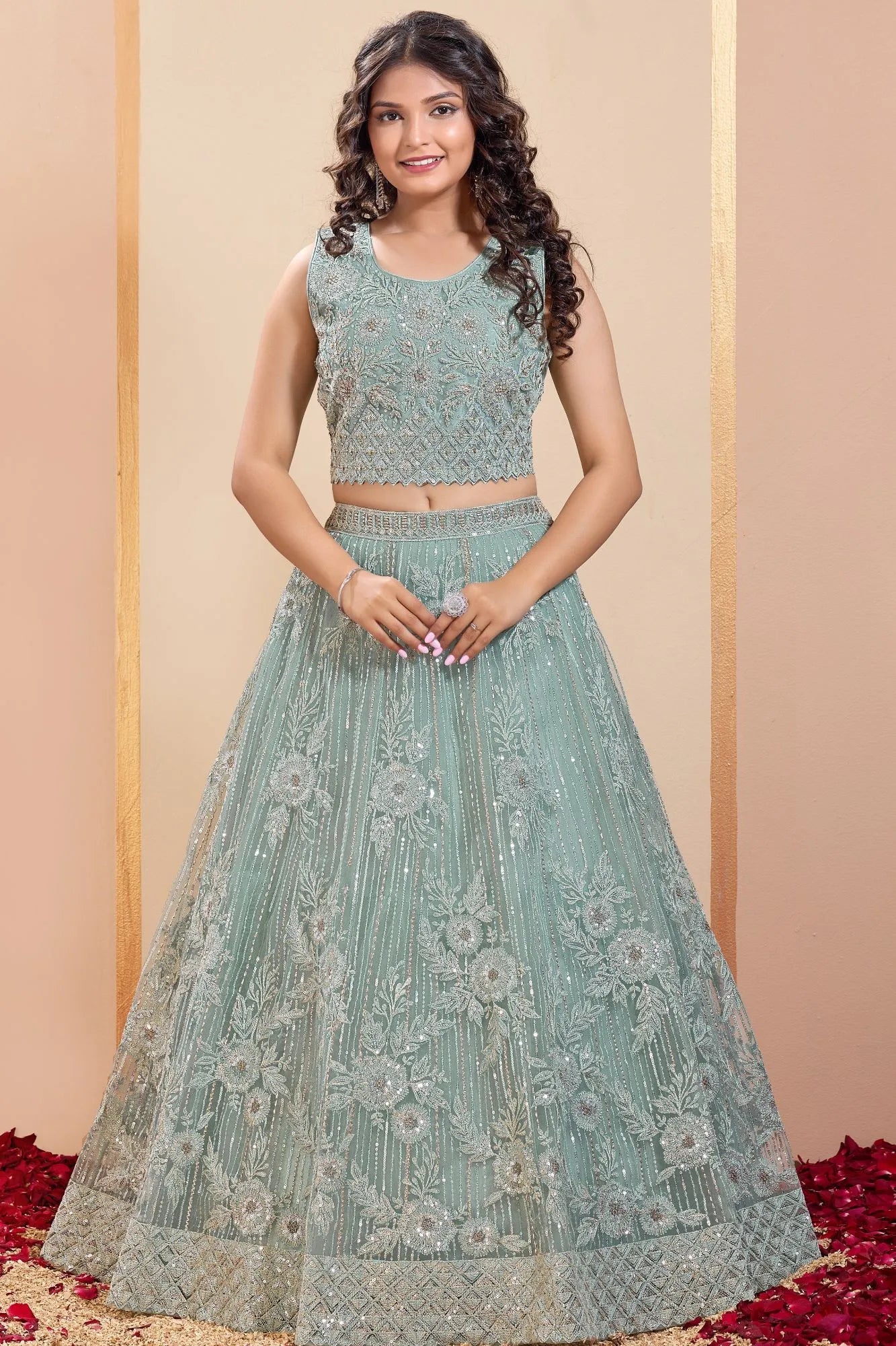 Sky Blue Embroidered Lehenga Choli Set For Girls