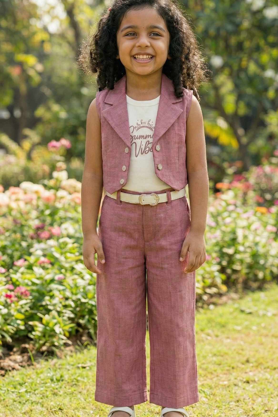 Pink Co-ord Set with Waistcoat And Belted Pants For Girls
