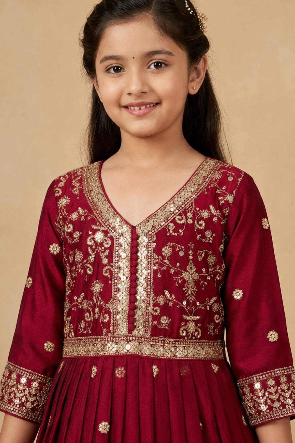 Maroon Sequins Work And Zari Embroidered Ethnic Gown For Girls