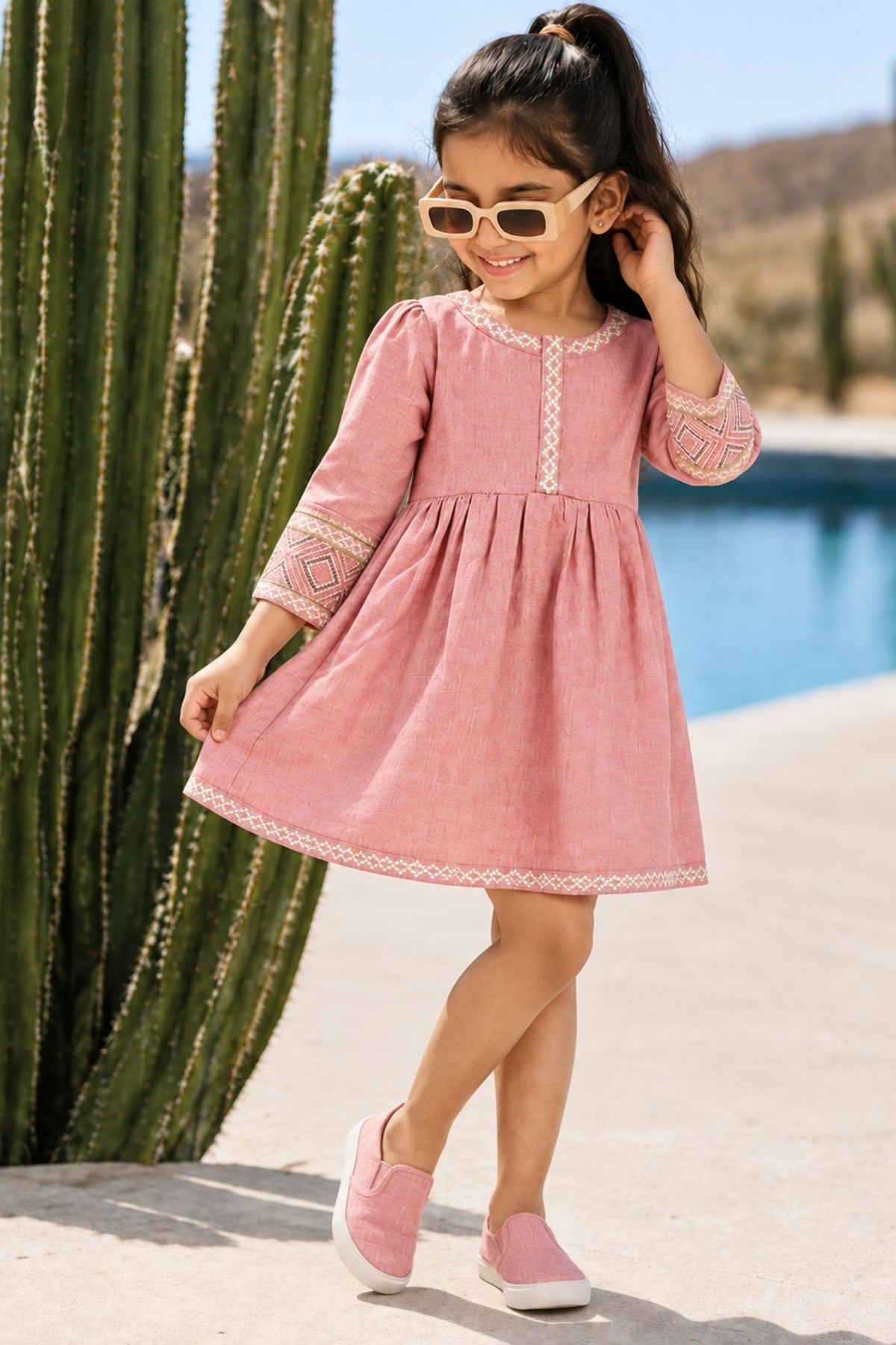 Baby Pink Textured Cotton Dress with Embroidered Border For Girls