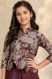 Girls Wine Floral Embroidered Top With Dhoti Skirt Set