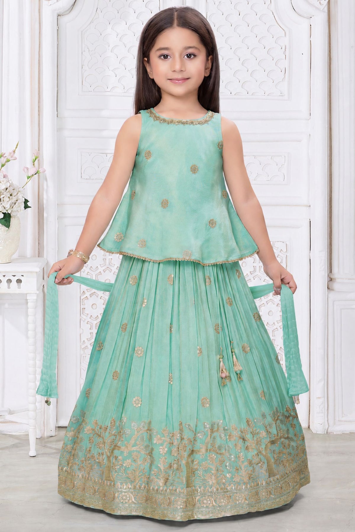 Girls Elegant Aqua Green With Gold Embroidered Lehenga Choli Set