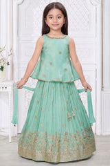 Girls Elegant Aqua Green With Gold Embroidered Lehenga Choli Set