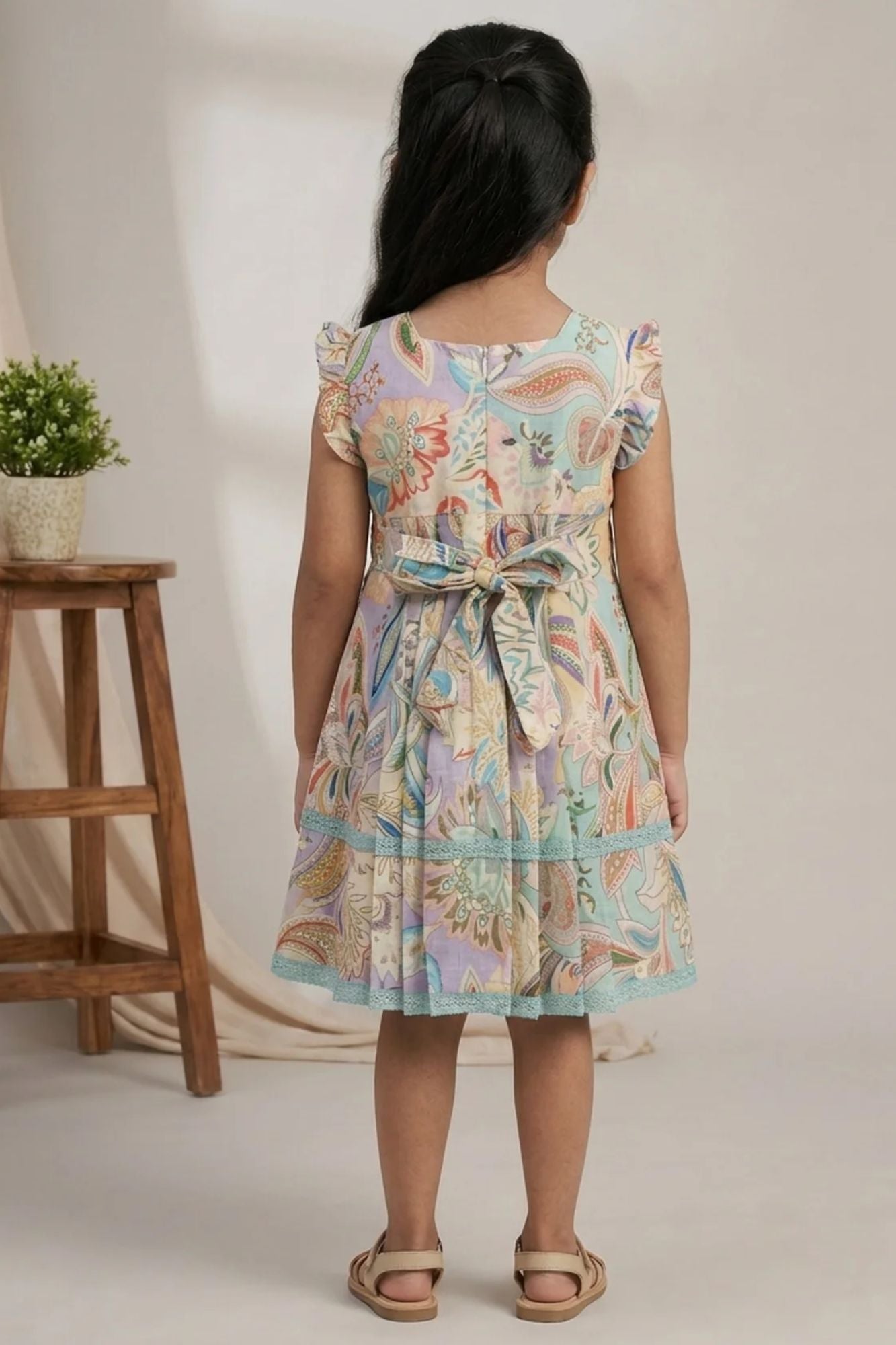 Girls Blue Dress with Multicolor Print And Embroidery Yoke