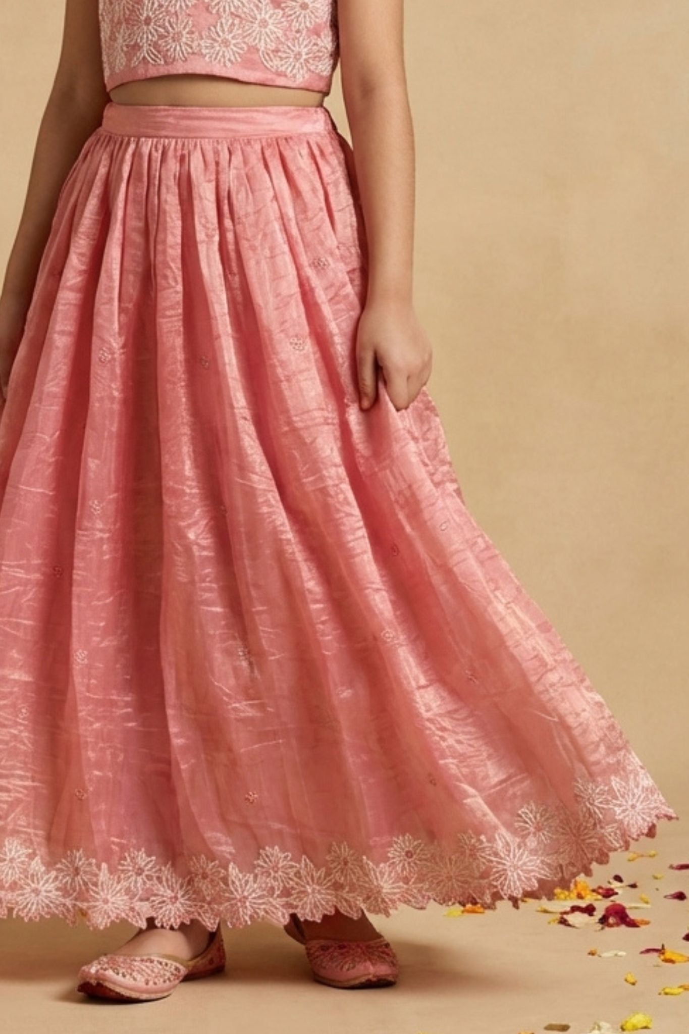 Blush Pink Shimmer Embroidered Lehenga Choli Set For Girls