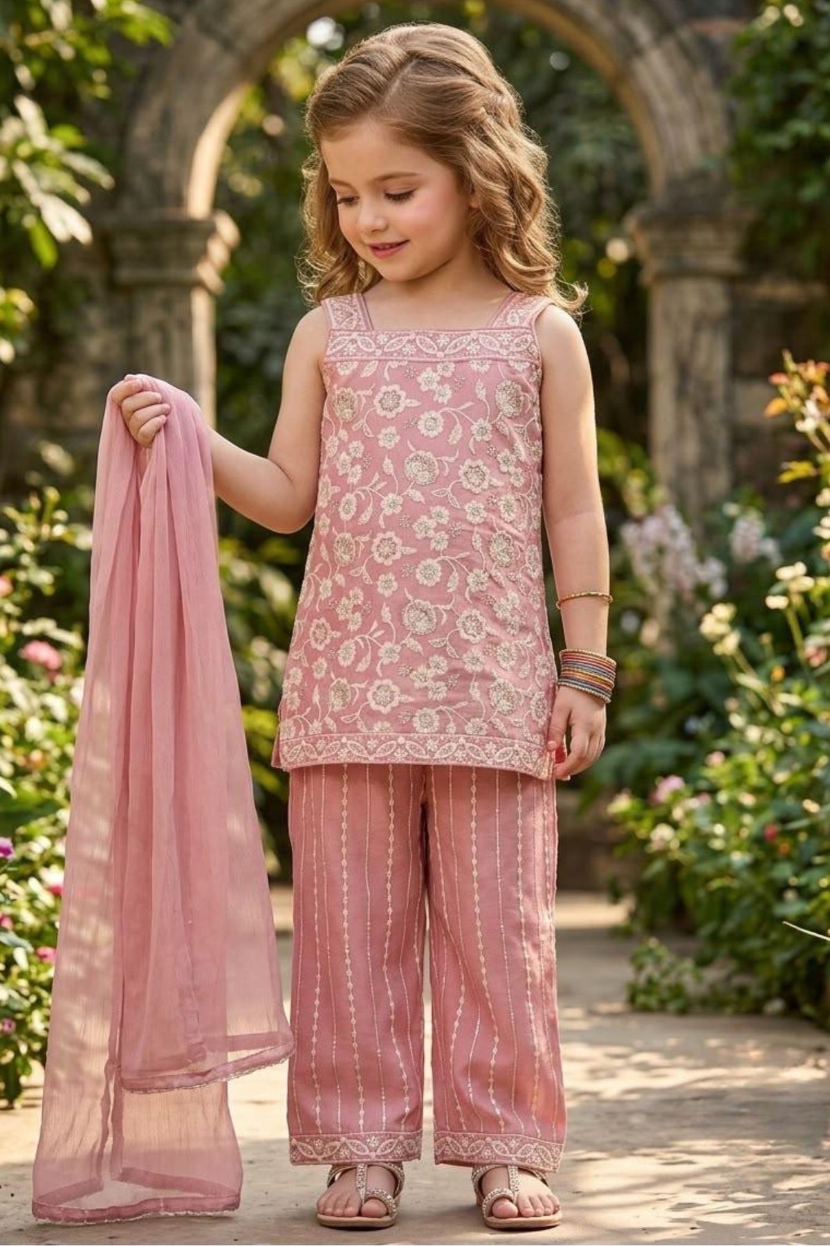 Girls Dusty Pink Floral Embroidered Palazzo Set With Dupatta