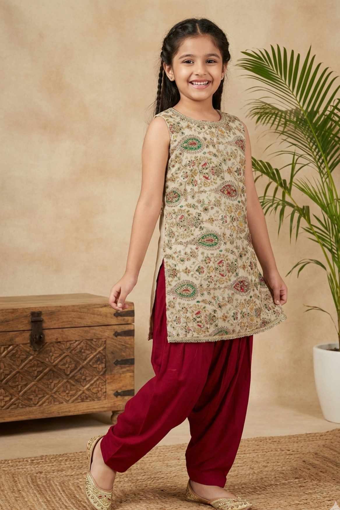 Cream Embroidered Kurti with Orange Patiala Set for Girls
