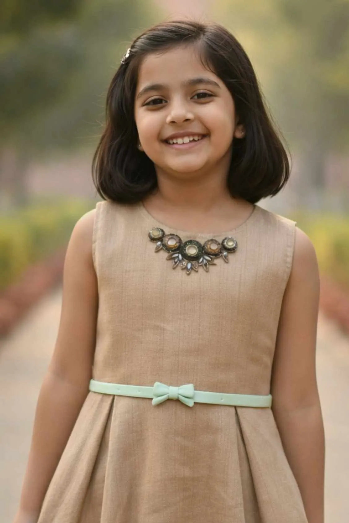 Fawn Dress With Printed Jacket For Girls