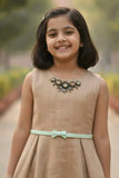 Fawn Dress With Printed Jacket For Girls