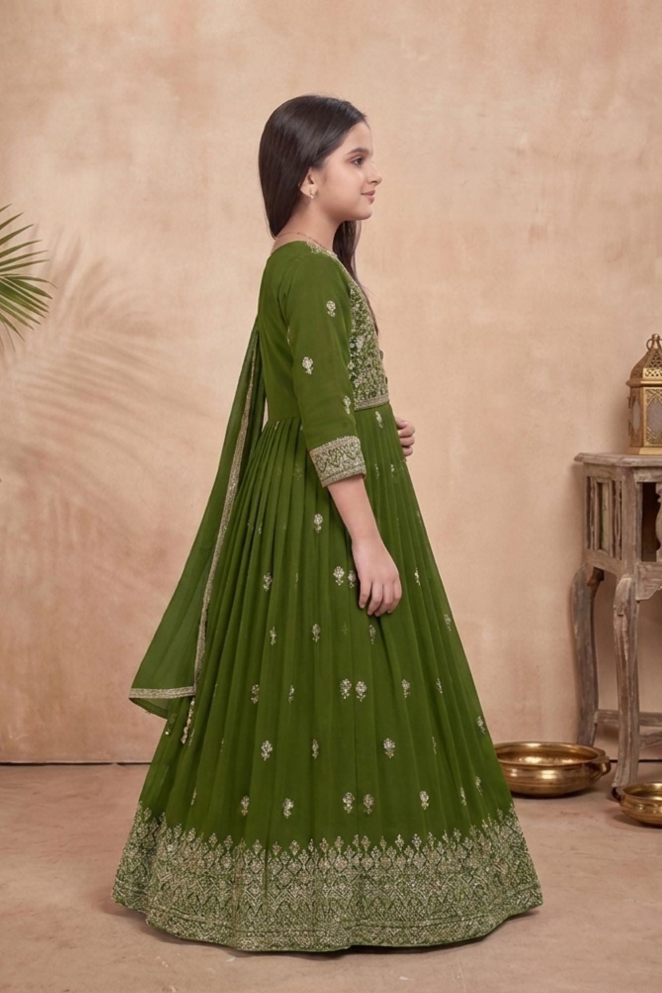 Girls Olive Green Silk Blend Ethnic Gown With Embroidered Neckline And Dupatta